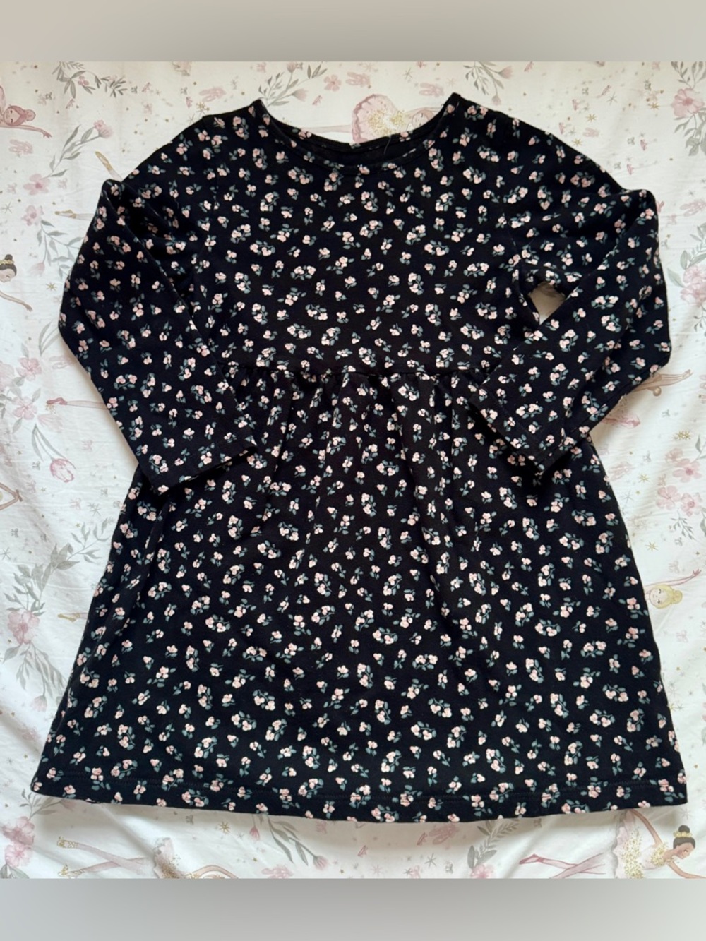 H&M Black Floral Toddler Girls Dress 3-4T Ditsy Floral Long Sleeve Cotton A-Line